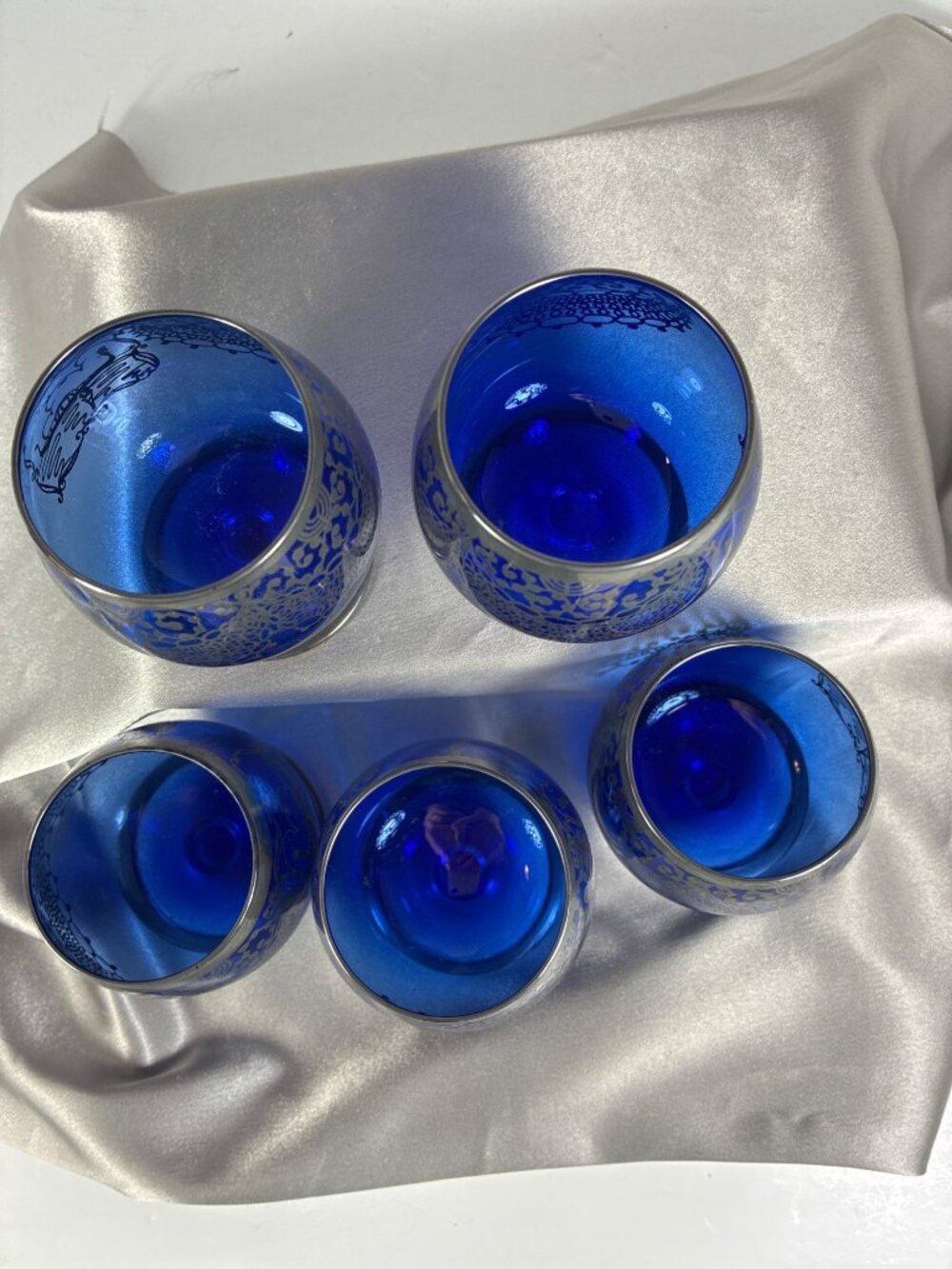 Vintage Cobalt Blue Silver Overlay Glasses Set of 5 - Picture 3 of 13